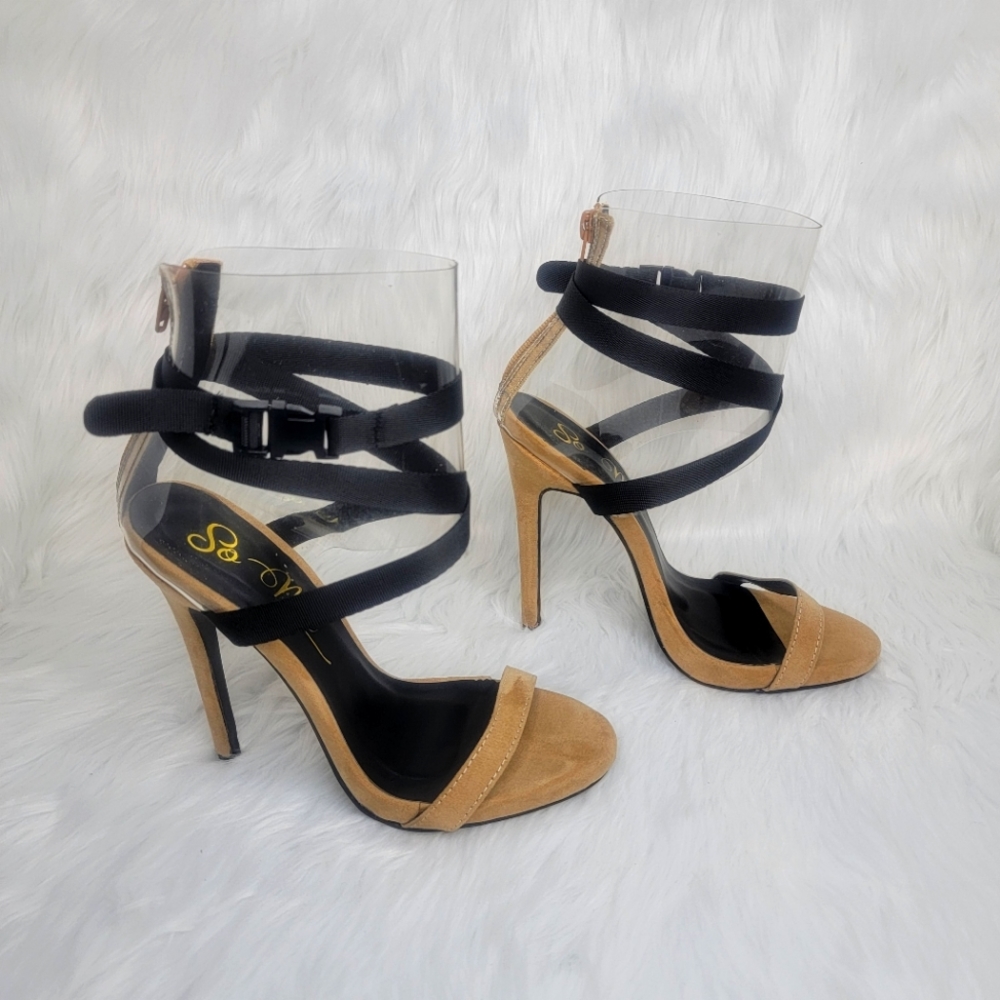 Strappy brown suede lace up heeled sandals.
